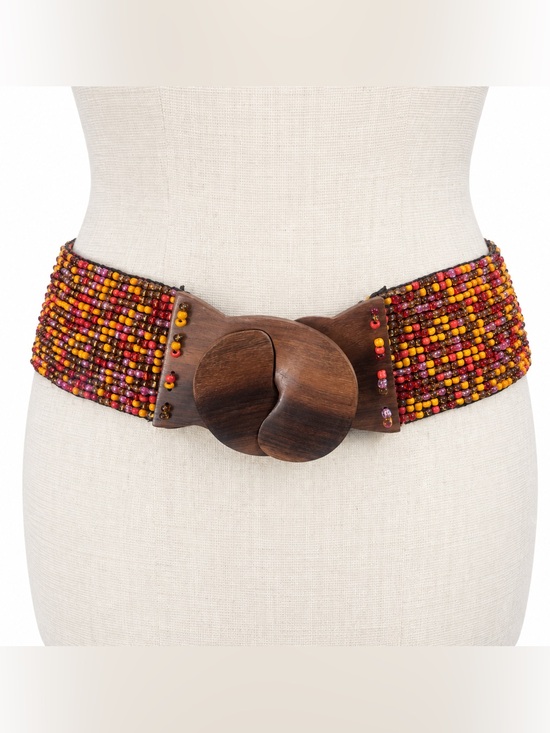 Accessories - Vintage Handmade Multicolor Beaded Belt With Carved Wood Buckle 34”